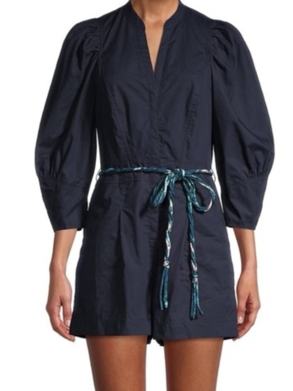 Rebecca Taylor Navy Poplin Collarless Balloon Sleeve Romper